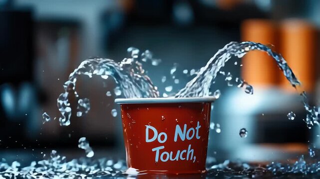 A workplace scenario with an overturned cup labeled "Do Not Touch," with water apparently suspended mid-air as part of a prank.