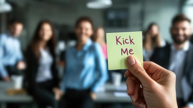 A hand holding a note that reads "Kick Me" set in a lively office environment with smiling coworkers in the background. April 1, April Fool's Day, jokes, fun