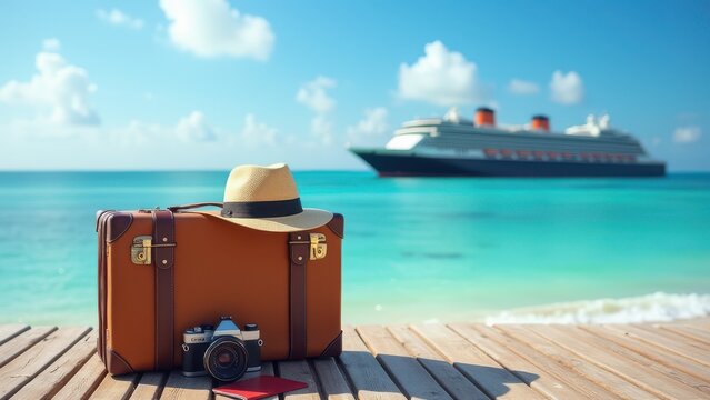 vintage suitcase hipster hat photo camera and passport arranged on wooden deck with tropical sea beach and yachts in background summer holiday and cruise travel scene