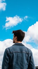 Young man in a denim jacket looking up at the bright blue sky with fluffy white clouds, concept of ambition and freedom.