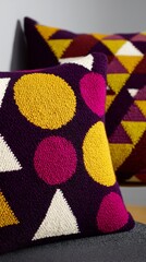 Colorful knitted cushion closeup with geometric pattern. Fabric texture and textile art for home decor and interior design concept.