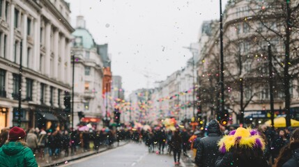 People on a street during a carnival parade with colorful confetti falling. Festive event with celebration atmosphere, urban tourism.