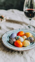 Colorful chocolate Easter eggs on a plate with blurred red wine glass. Delicious holiday treat for celebration.