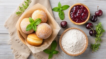 Traditional European doughnuts with jam filling arranged on a rustic table, powdered sugar, top-down flat lay.