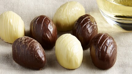 Assorted chocolate eggs on burlap fabric. Sweet Easter treat with white and dark chocolate bonbons. Delicious dessert or holiday gift.