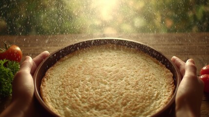 Woman hands holding a cooked pizza dough with flour falling. Baking fresh homemade food. Culinary process and cooking concept.