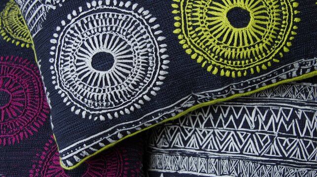 Close-up of decorative throw pillows with ethnic designs. Vibrant embroidery on dark fabric. Abstract pattern texture background for home accent decor.