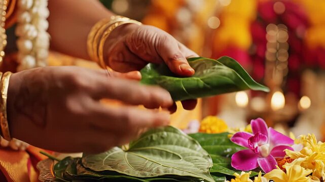 Close up of Indian bride's hands adorned with henna and gold bangles performing a traditional ritual with green betel leaves and vibrant floral decorations in soft warm lighting