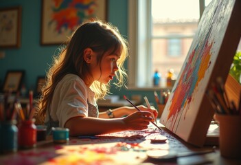 Fototapeta premium Creative Art Student Mastering Canvas in Luxurious Private Studio Space Full of Paint Supplies and Bright Light