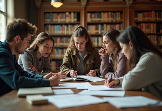 Collaborative Study Group Concentrating Around a Shared Project at a Library Table