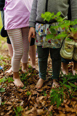 Naklejka premium Children barefoot, walking on leaves, forest, nature contact, feet detail