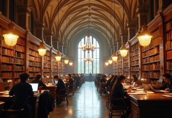 Fototapeta premium Opulent University Library Grandeur with Majestic Marble Architecture and Stunning Chandeliers Illuminating Knowledge