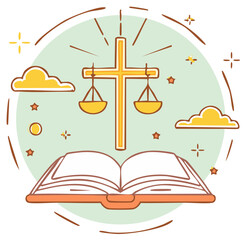 Fototapeta premium Open book with golden cross and scales, law and religion concept, vector illustration