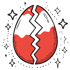 Cracked egg with red yolk, illustrated with stars, eggshell fracture illustration
