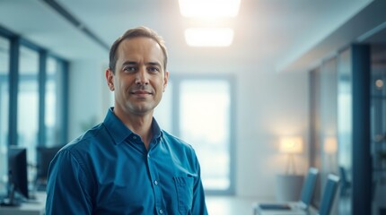 A man in a blue shirt is standing in office, businessman portrait, under soft office light highlighting professionalism, workplace scene, with copy space