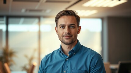 A man in a blue shirt is standing in office, businessman portrait, under soft office light highlighting professionalism, workplace scene, with copy space