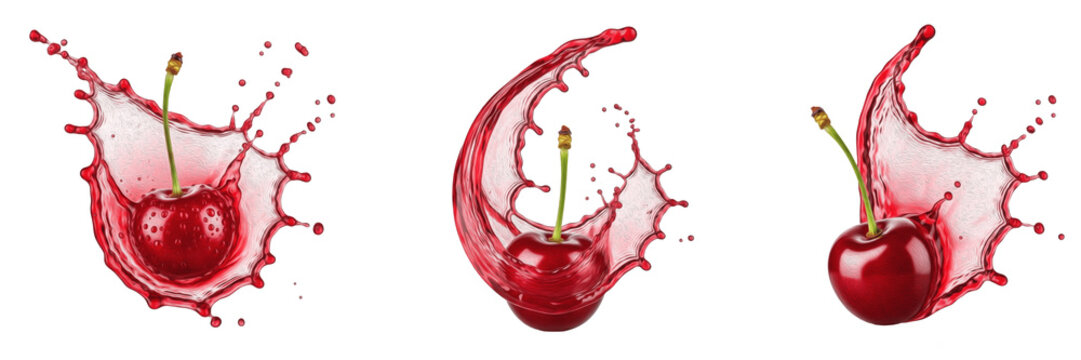Fresh sweet cherry with red juice splash explosion isolated on white background, high speed liquid splash photography, sweet cherry juice concept for beverages and packaging, realistic fruit splash de