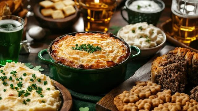Traditional Irish dishes like shepherd&rsquo;s pie and soda bread arranged on a table decorated with green and gold elements for St. Patrick&rsquo;s Day. 