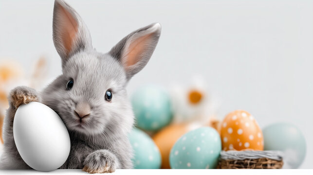 An Easter bunny with an Easter egg on a light background with space for text. An Easter card with a bunny on a spring background with space for text.