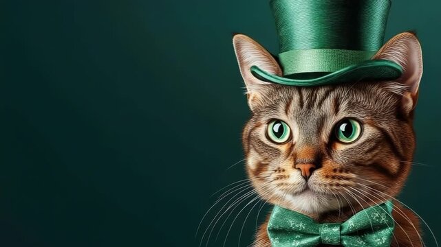 Festive cat celebrates St. Patrick's Day wearing a leprechaun hat while holding a glass of beer in a cozy setting. Banner. Copy space