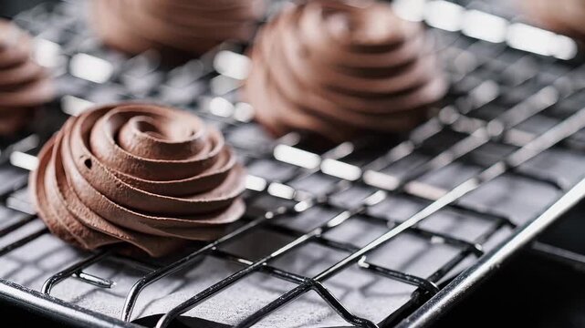A close view reveals rows of freshly piped chocolate meringue nests resting atop a wire baking rack, their dark, rich color beautifully contrasted by the reflective metallic surface below.