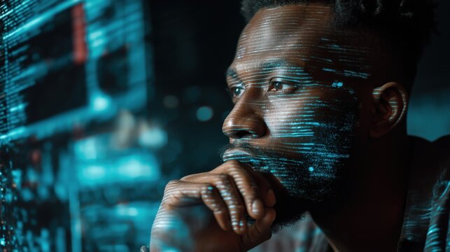 Futuristic software and hardware , coding hologram, serious concentrated man thinking about data analytics, digital technology. Programmer programming cybersecurity research and IT