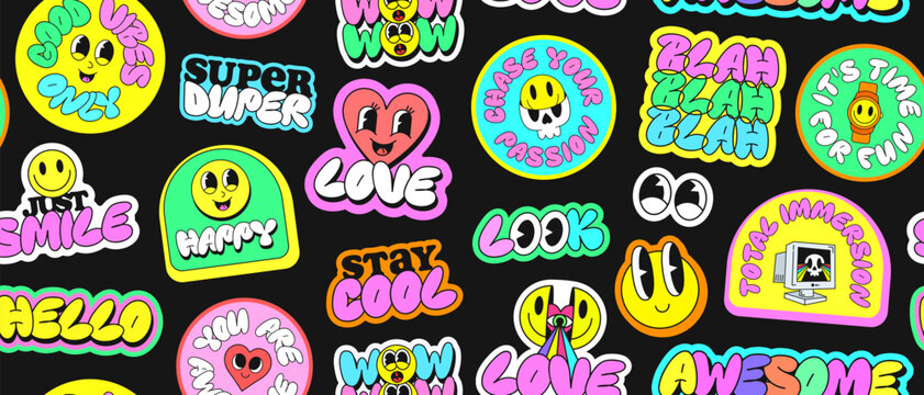 Cool Y2k Sticker Collage Seamless Pattern Vector Background. Trendy Groovy Funny Characters Patches Backdrop. Pop Art Funky Illustration.