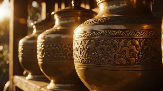 Close up view of antique golden brass amphorae with intricate carved patterns arranged in a row bathed in warm golden hour sunlight creating a serene and elegant atmosphere