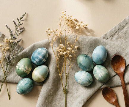 easter flat lay of coloured in blue eggs and kitchen attributes