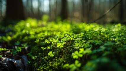 Fototapeta premium Lush Clover Patch in Forest Sunlight