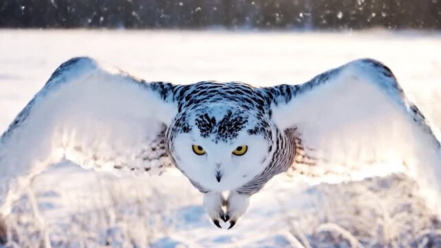 A snowy owl in full flight, facing the camera, with a wintry landscape