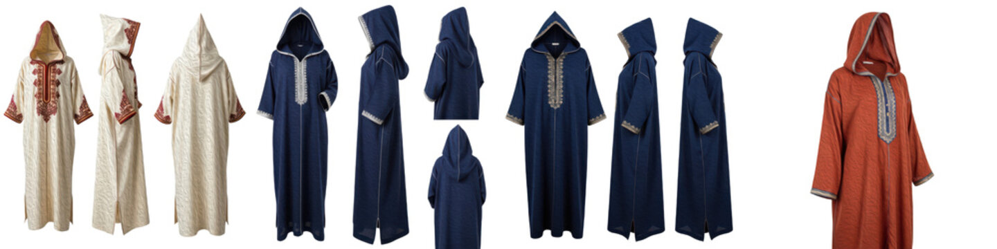 Set and collection of traditional middle eastern djellaba robes with hoods and embroidery in various colors isolated on white transparent PNG background