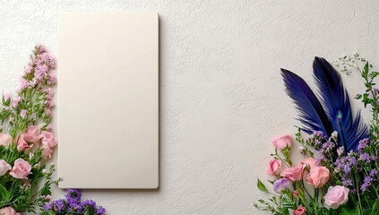 Elegant blank card flanked by delicate pink roses and vibrant blue feathers, creating a serene, romantic scene