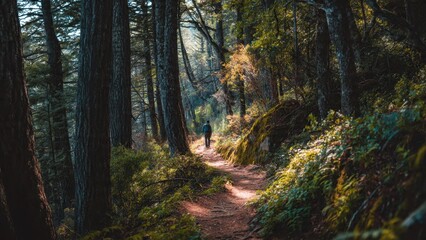 Obraz premium Man hiking through a sunlit forest trail