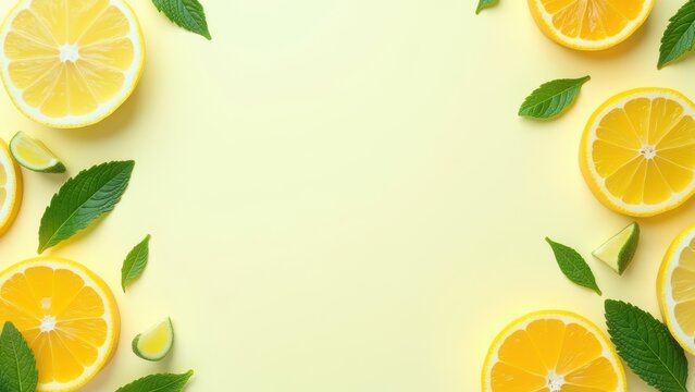 citrus slices and mint herbs frame from above on retro mint pastel background with copy space fresh lemon and orange refreshment summer fruit smoothie minimal banner design 