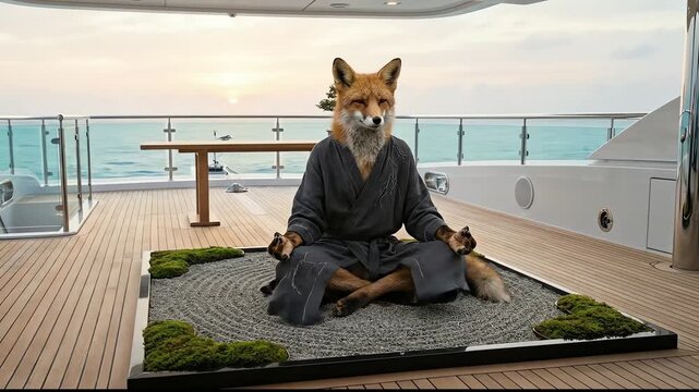 Red fox meditating in a tranquil zen garden on a luxury yacht deck for mindful escape concept and sophisticated wellness