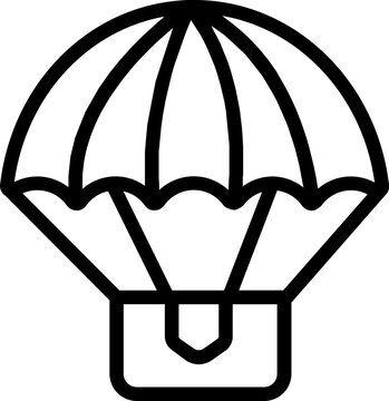 outline silhouette Parachute icon set. Parachute with cargo, parachute icon. Simple line drawing of a cargo parachute delivering a wooden crate, Package being delivered by parachute icon. Parachute