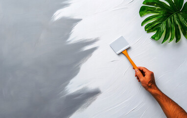 A hand holds a paint spatula, blending gray and white paint on a textured surface, with a tropical leaf in the corner