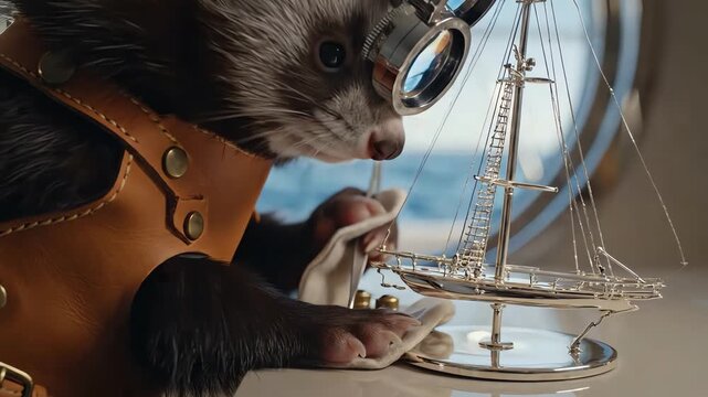 An enthusiastic ferret wearing a leather apron and holding magnifying glasses carefully examines a model sailboat on a luxury yacht.