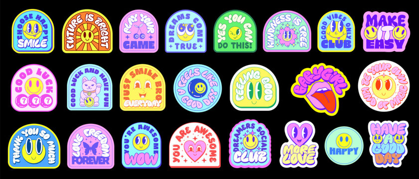 Set Of Groovy Stickers Vector Design. Collection Of Cool Y2k Paches Pop Art Elements. Funny Playful Smile Characters. Funky Faces.