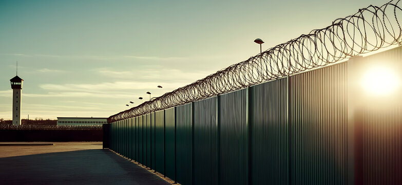 A high security prison at sunset, with a tall watchtower, a tall metal fence topped with razor wire, and a bright sun shining behind it