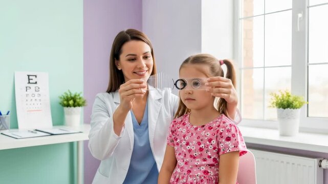 Caucasian optician woman examining childs vision with an eye chart and trial frame. Ophthalmology for kids, diagnostic, eye care.