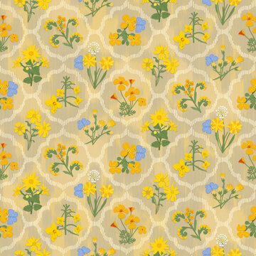 Hand drawn, seamless floral pattern with yellow wildflowers from southwest on textured yellow backdrop