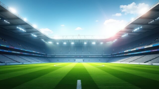 soccer stadium field background with green grass pitch and grandstands modern professional football arena scene under open sky concept of sports media broadcasting advertising business