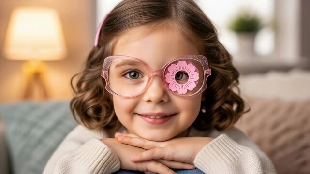 Happy girl wearing an eye patch and glasses for vision correction. Childhood vision therapy for amblyopia treatment. Ophthalmology.