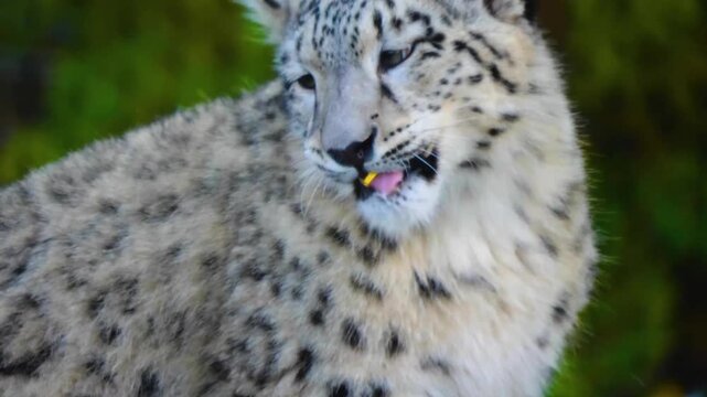 Close up head of a young snow leopard resting on a rock and struggling with strew of hey ona cloudy spring day