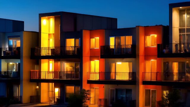 Real estate business market, house home building purchase sale. A row of multistory residential buildings illuminated by windows, doors, and lights at night.