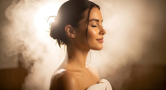 Serene woman enjoying steam in a spa, with soft light and gentle mist creating a tranquil atmosphere