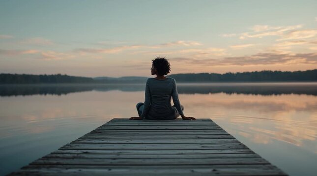 Person resting in complete stillness, the art of doing nothing, mindful presence, quiet minimalist interior, peaceful solitude, profound relaxation, meditative state, authentic stillness.