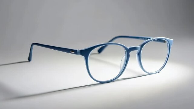 Blue optical glasses with rounded frames on a clean surface, highlighting vision correction and ophthalmology equipment for eye examination